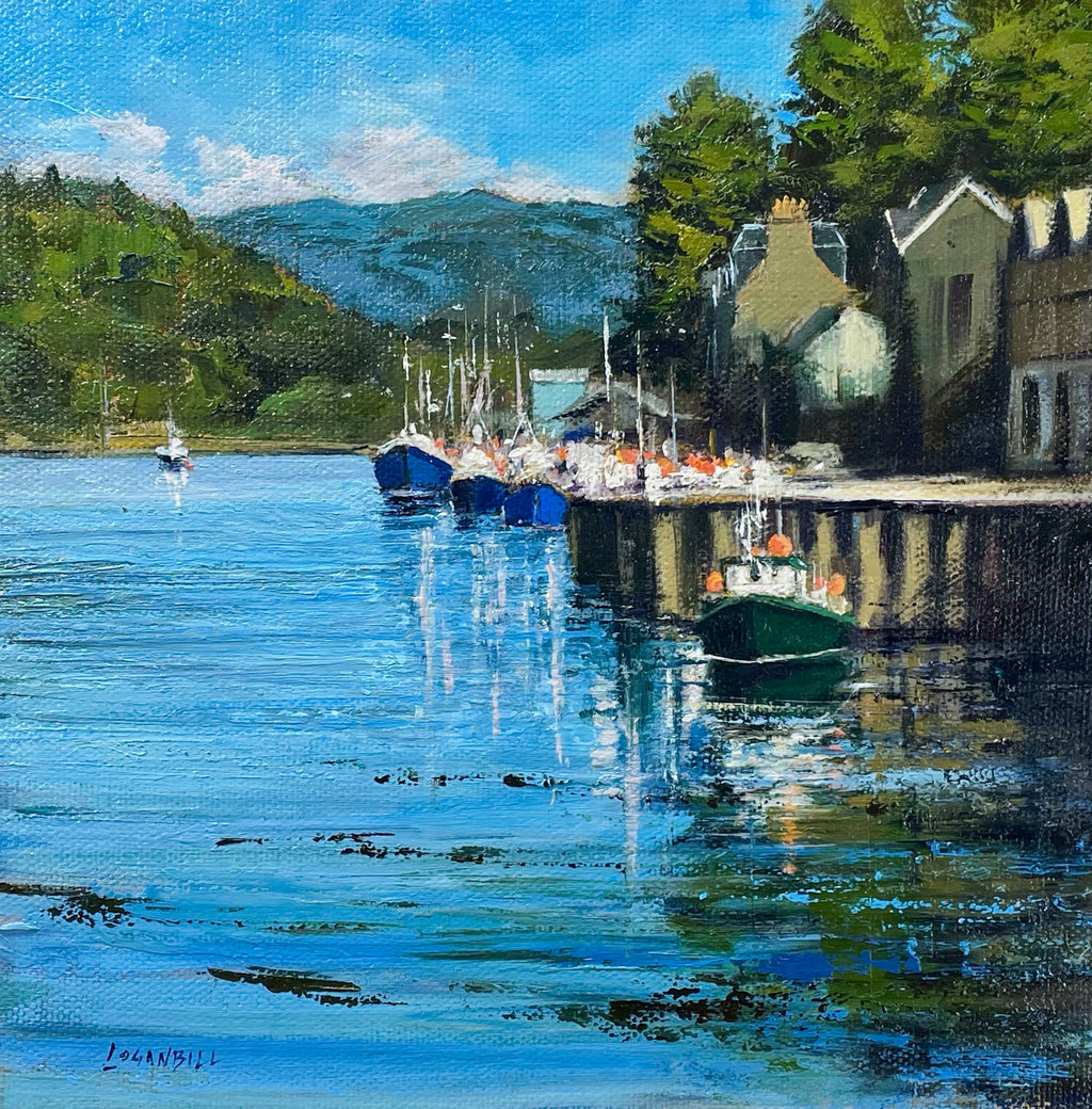 Three Blue Boats oil painting in Tarbert Harbour 